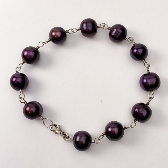 Hand Crafted Jewelry - Freshwater Pearls Sterling Bracelet 925 Silver Handcrafted 9-10mm Purple Plum